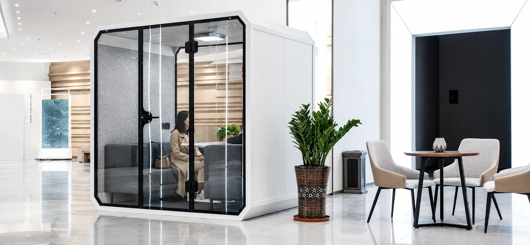 Meeting pod in a corporate lobby