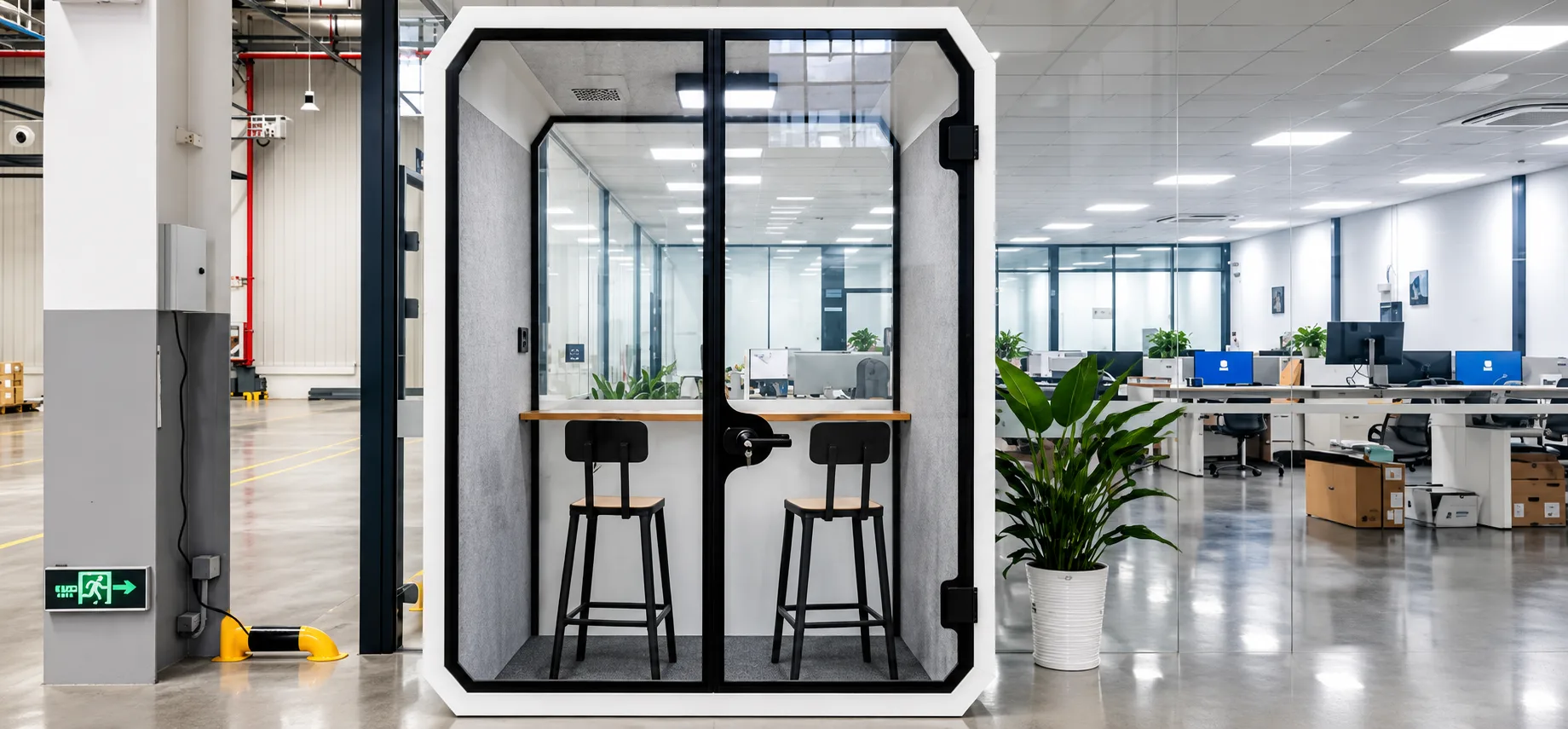 Two-person pod on a factory floor