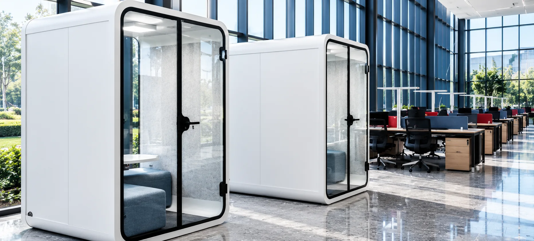 Work pods next to open-plan workstations
