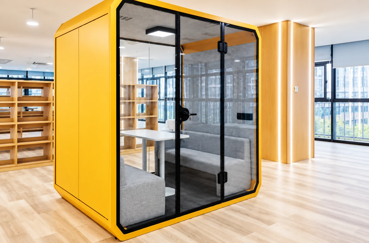 Meeting pod with an orange frame
