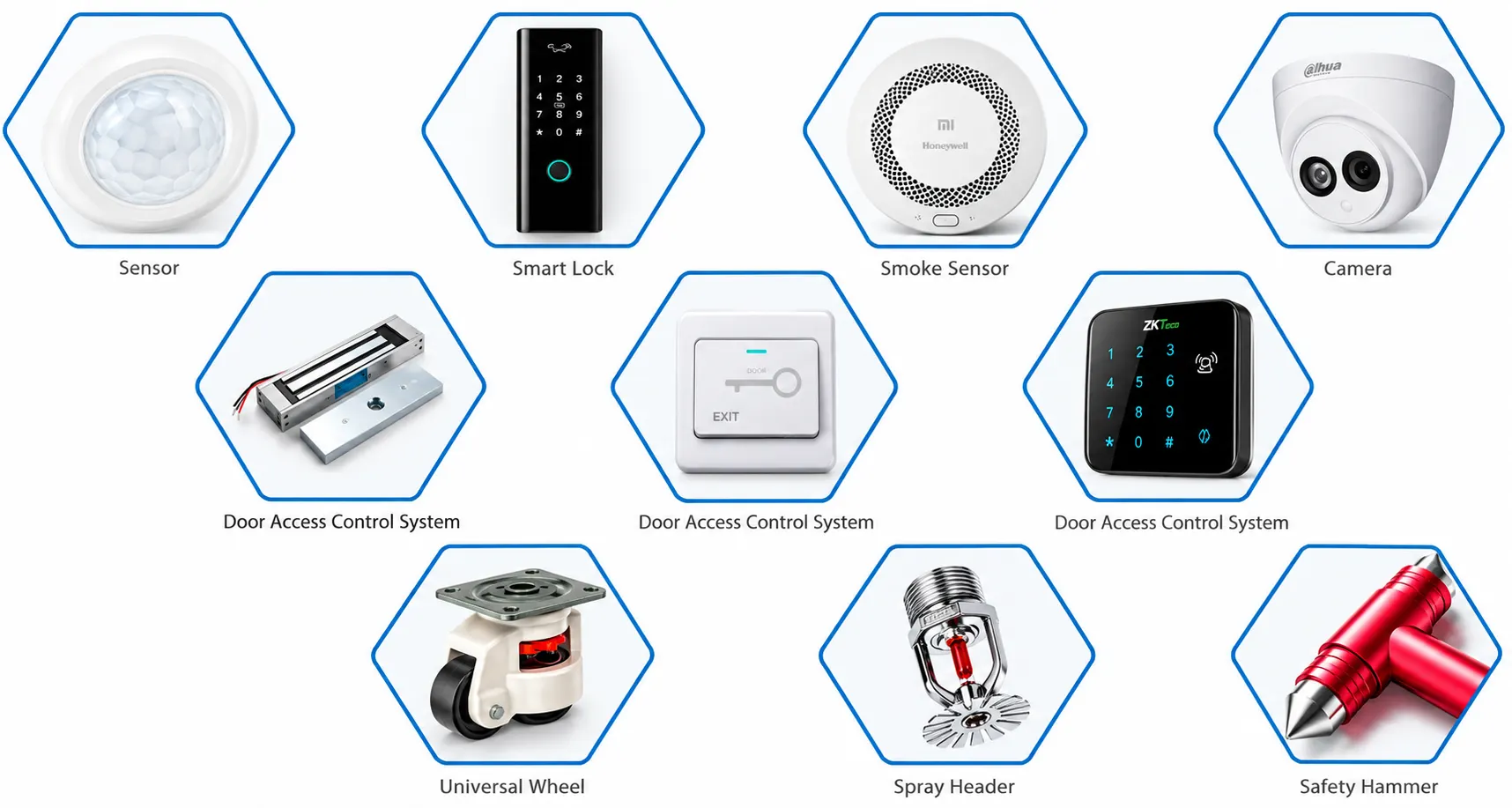 Optional add-ons: motion sensor, smart lock, smoke sensor, camera, access control, wheels, sprinkler head and safety hammer