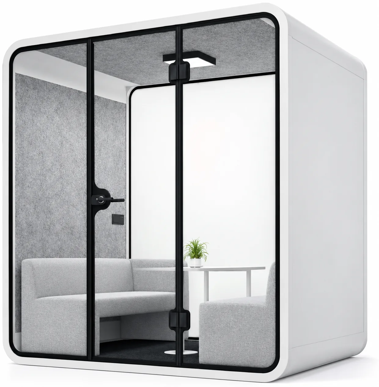 Fermann L four-person meeting pod, round frame, with table and two sofas