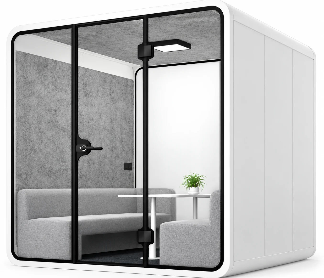 Fermann XL six-person meeting pod, round frame, with table and two sofas